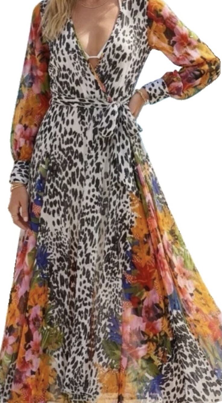 Spy Zone Exchange Diva Tropical Animal Floral Maxi Dress Leopard Sheer Wrap Boho